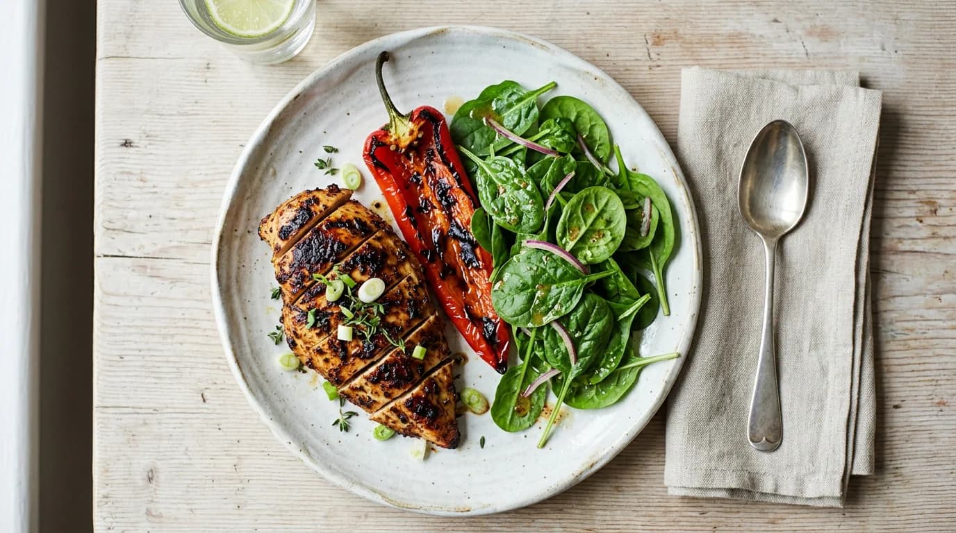 Jamaicansk jerkkyckling med grillad spets-paprika och spenatsallad