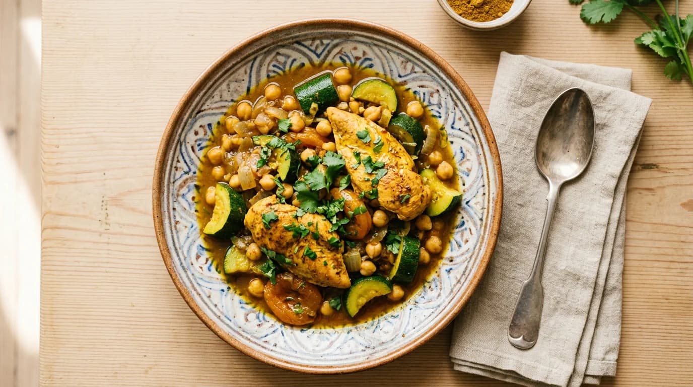 Marockansk kycklingtagine med zucchini och kikärtor