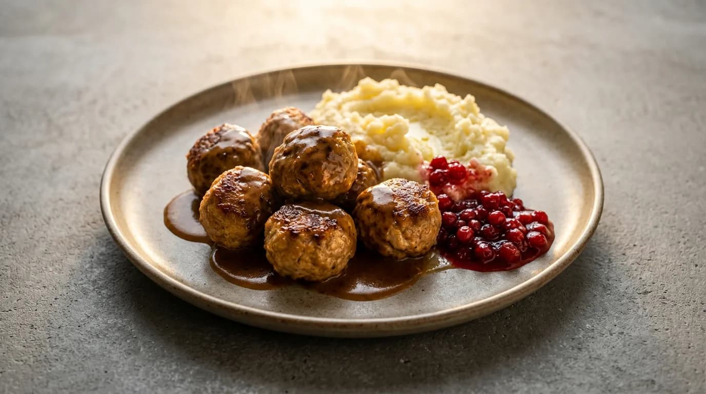 Småländska köttbullar med blomkålsberikat potatismos och gräddsås