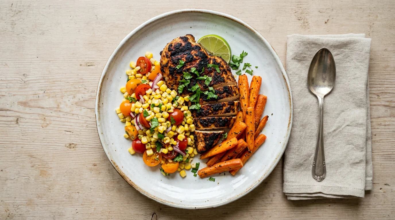 Blackened kycklingfilé med majs- och tomatsalsa