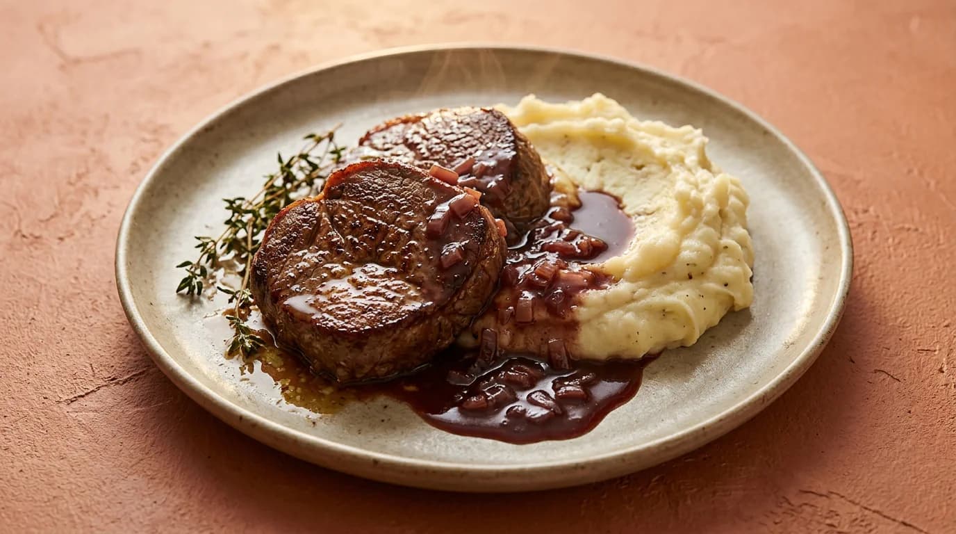 Klassisk smörstekt oxfilé med rödvinssås och potatismos
