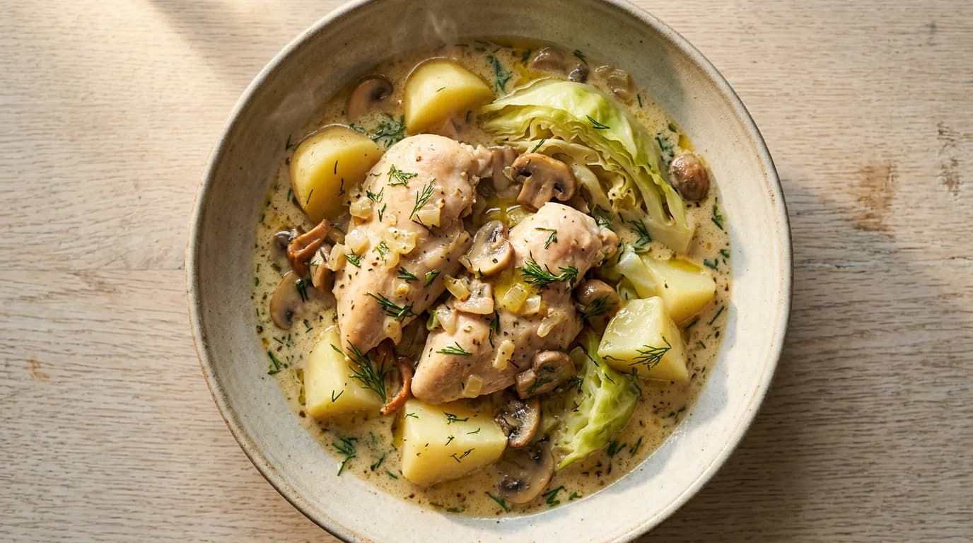 Tryckkokt kyckling med kantarellsmak, kål och dillgrädde