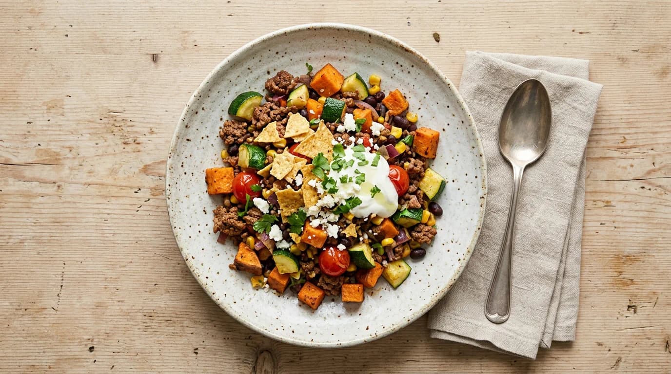 Mexikansk sötpotatis- och nötfärspanna med krispiga tortillachips