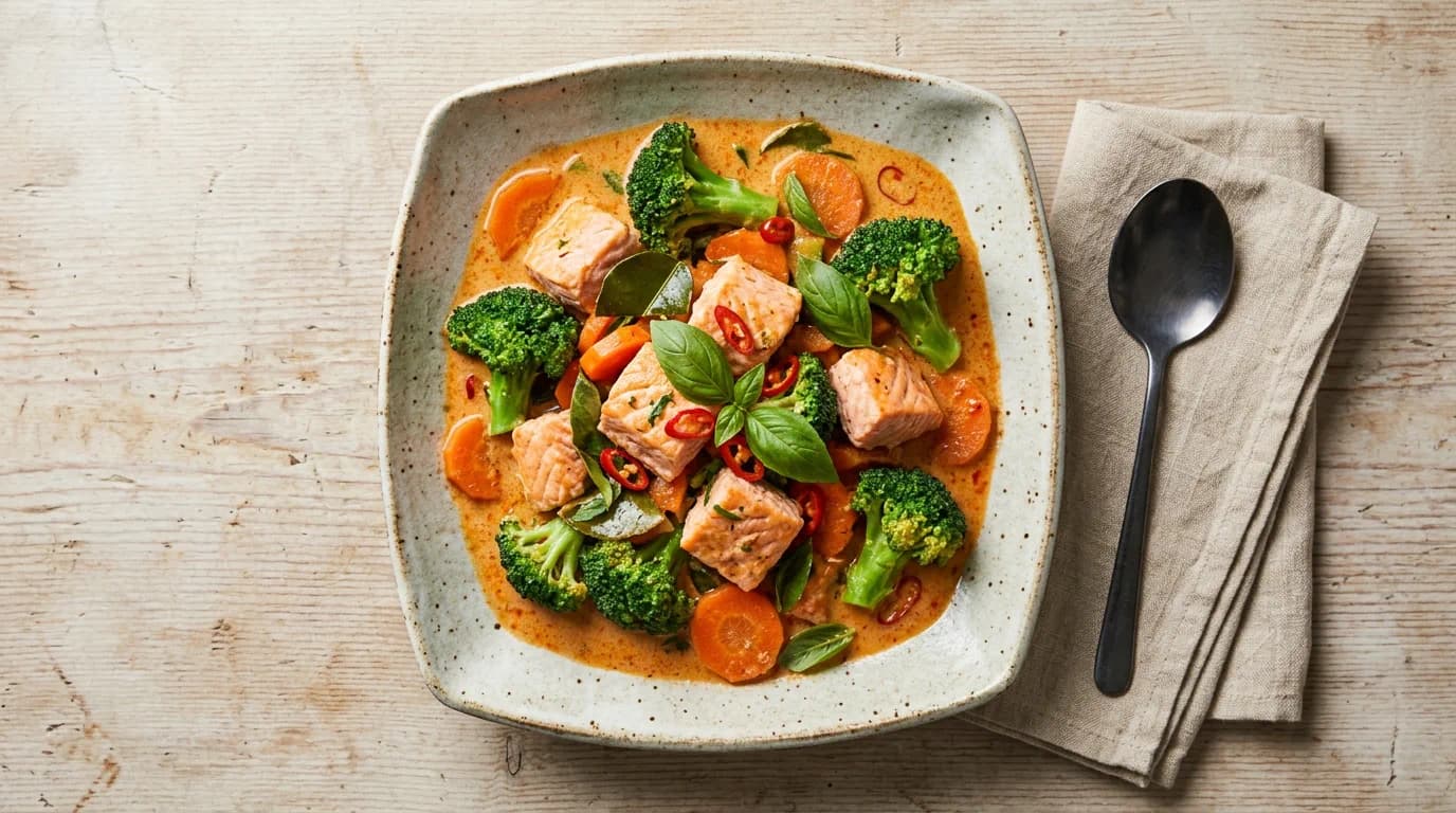Thailändsk röd curry med lax och krispig broccoli
