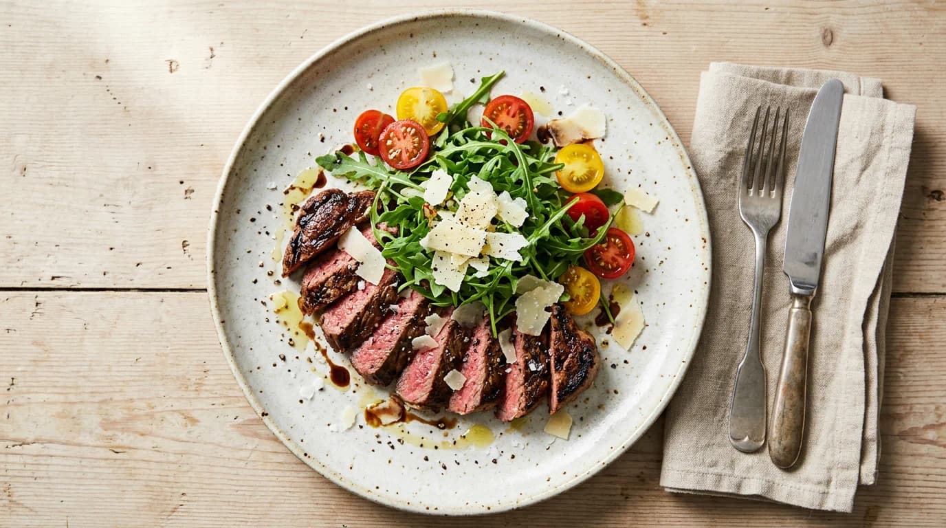Tisdag: Biff Tagliata med ruccola, cherrytomater och parmesan