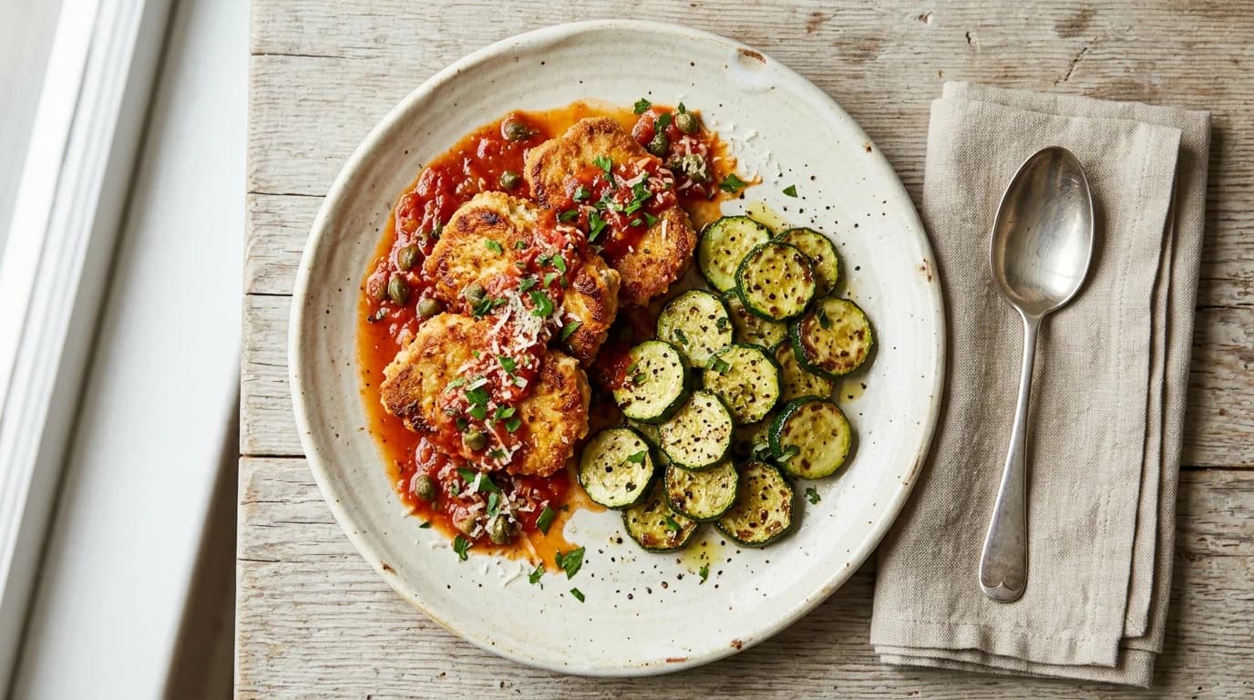 Italiensk fläskfilépiccata med fyllig tomatsås och stekt zucchini
