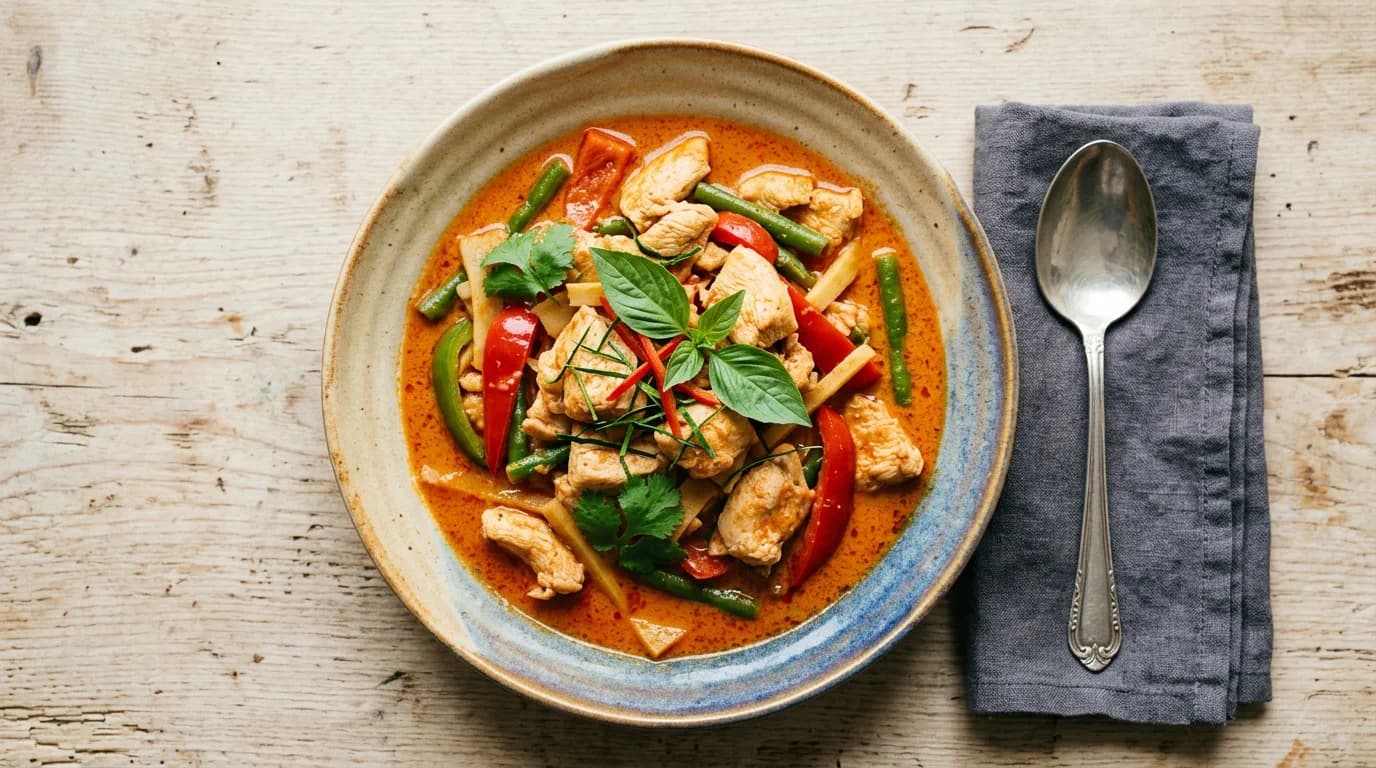 Thailändsk röd currykyckling med spetspaprika