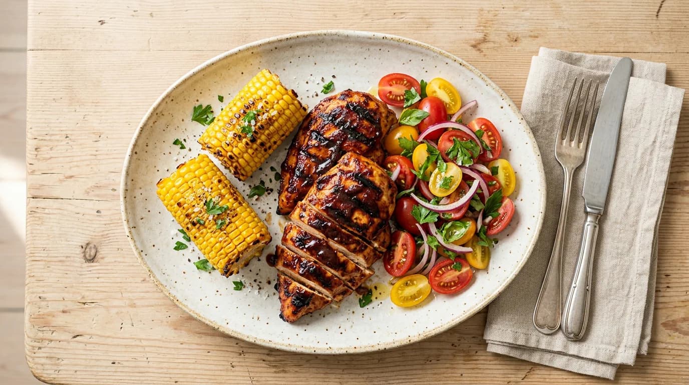 Memphis BBQ-kyckling med grillad majs och tomatsallad