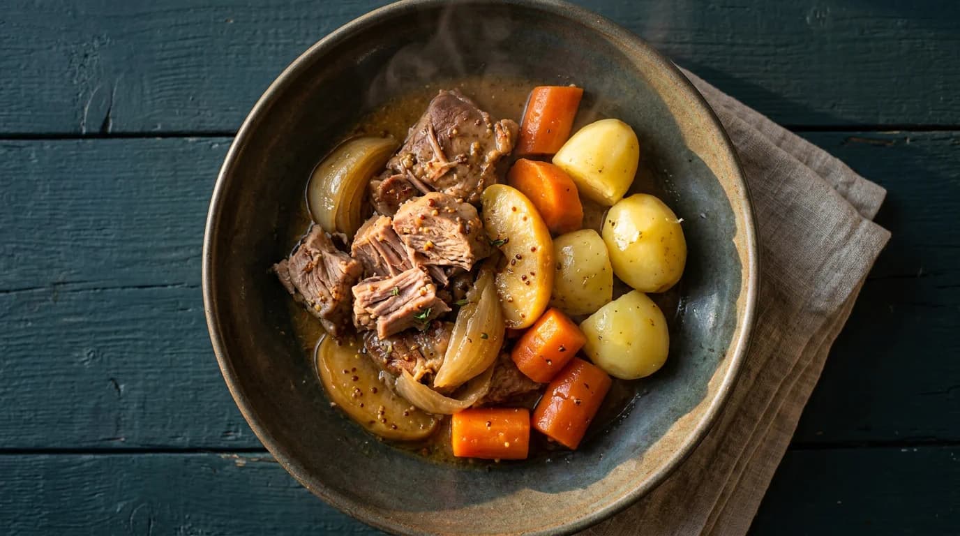 Långkokt fläskkarré med äpple, lök och senap