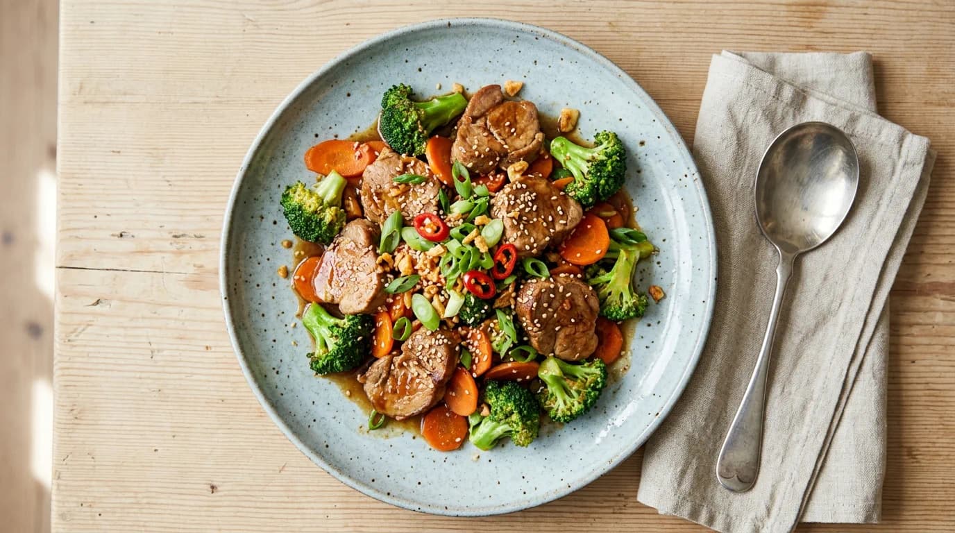 Asiatisk fläskytterfiléwok med broccoli och vitlök
