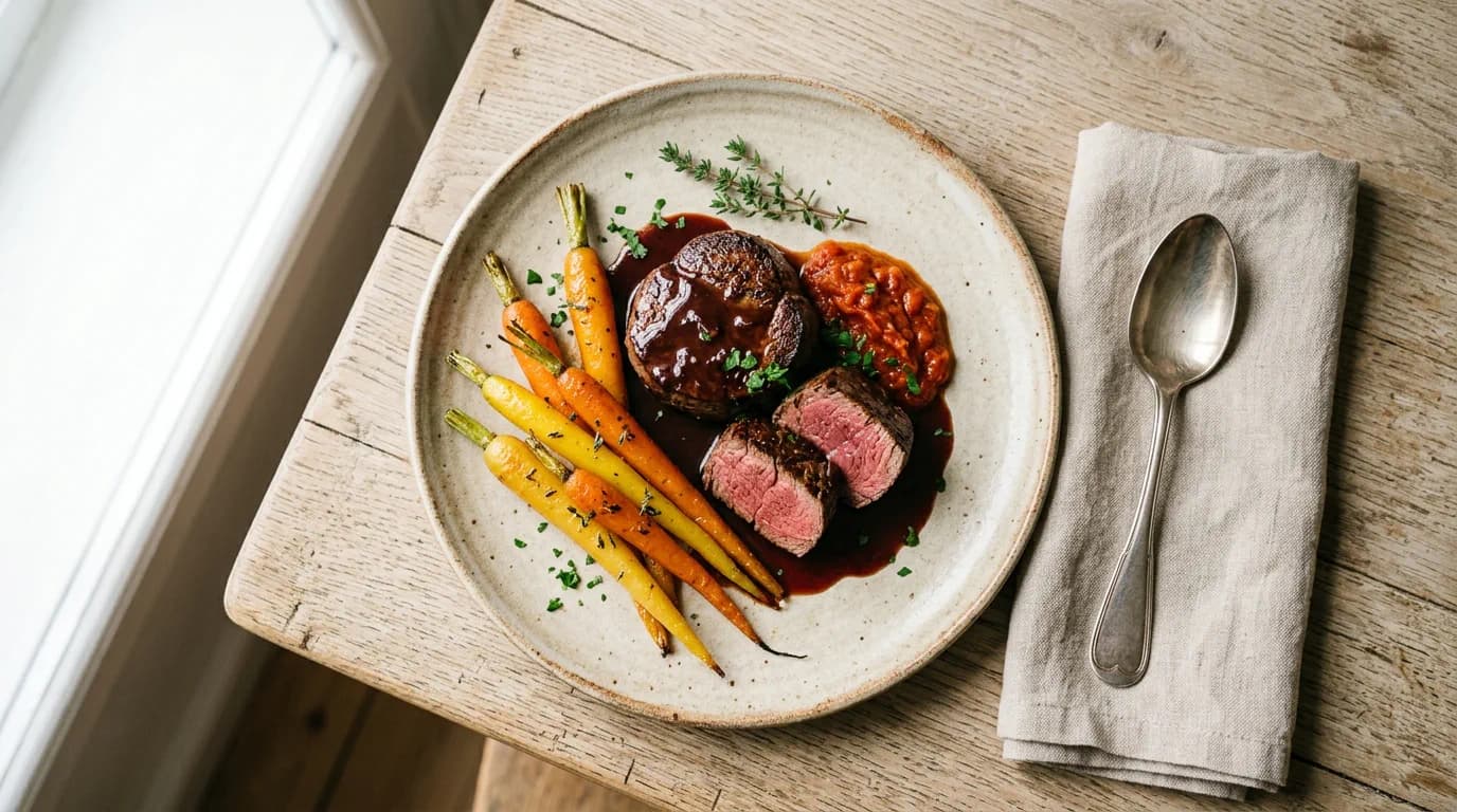 Fransk oxfilé Tournedos med rödvinssås och morötter
