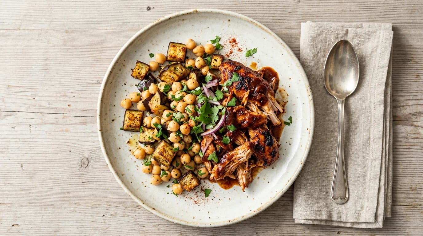 Crockpot Memphis BBQ-kyckling med kryddstekt aubergine och kikärtor