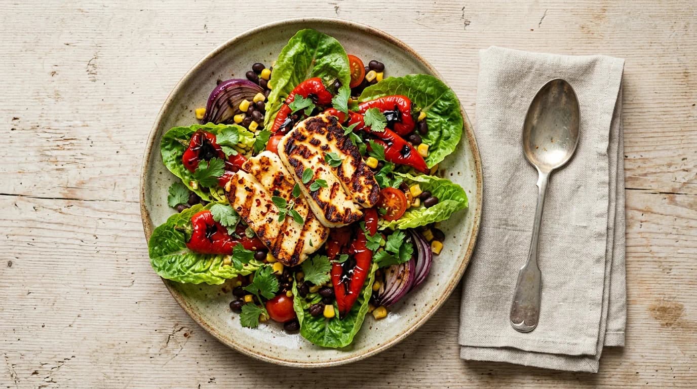 Grillad Texan Halloumi med Spetspaprika och Romansallad