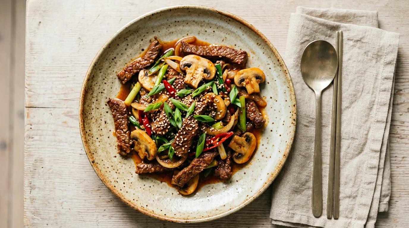 Koreansk biff-wok med champinjoner