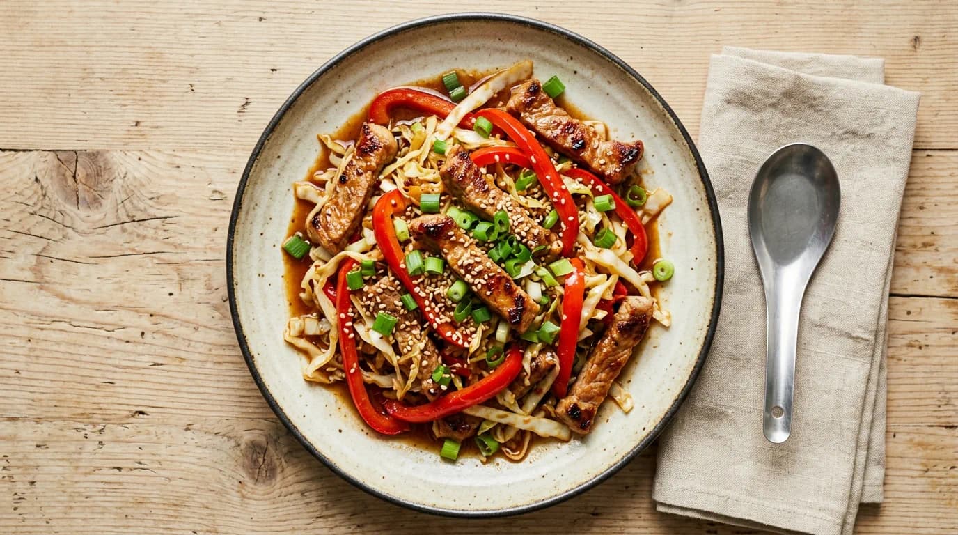 Sichuan-doftande fläskkarré med paprika och strimlad kål