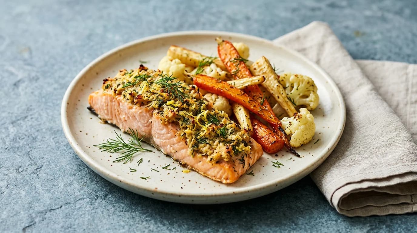 Ugnsbakad lax med pepparrotstäcke och rotfrukter