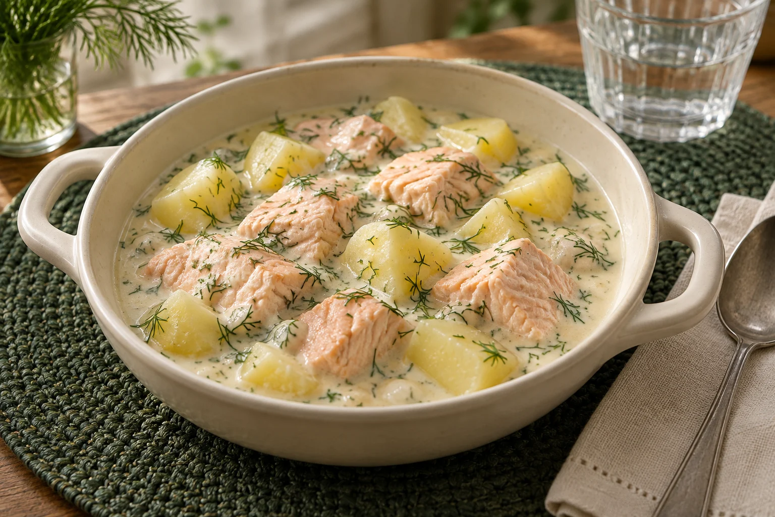 Krämig laxgryta med mjuk potatis och dill enligt artikelns första recept