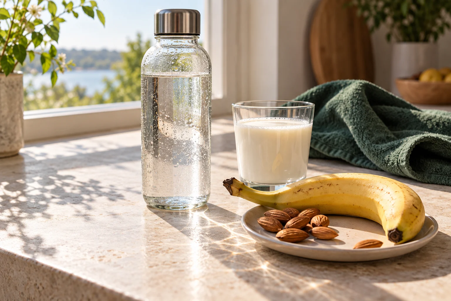 Vattenflaska, ett glas mjölk, banan och mandlar i sommarljus efter träning