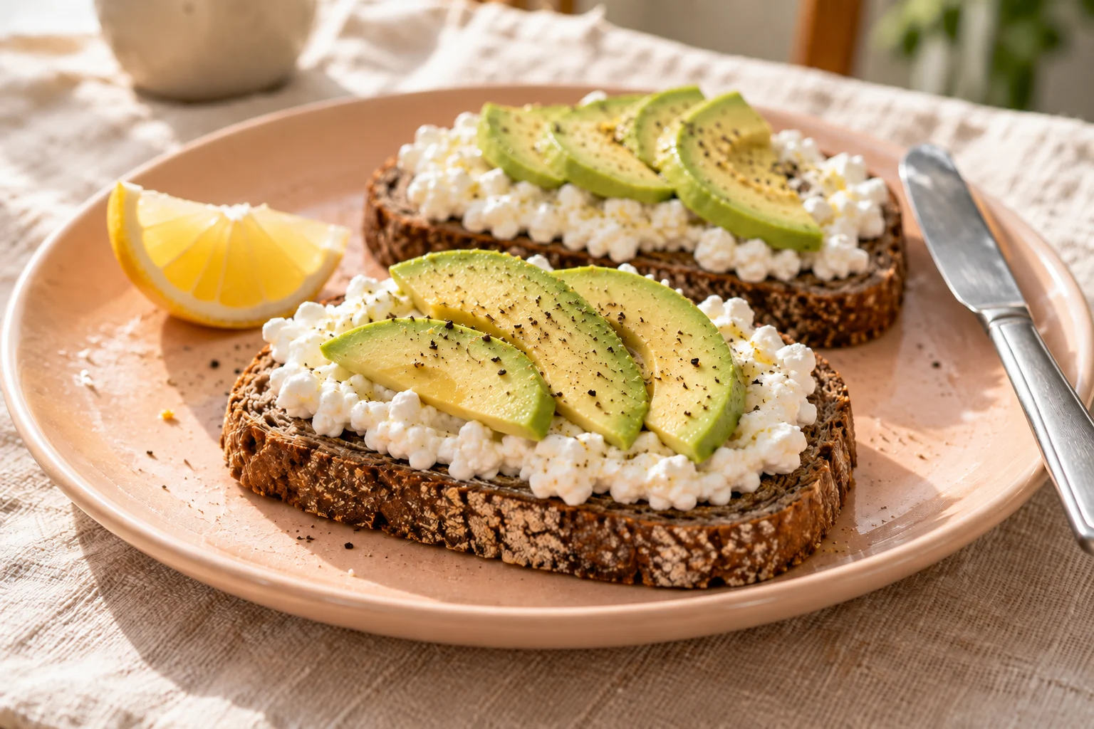 Två rågsmörgåsar med keso, avokado och svartpeppar från frukostrecept sex