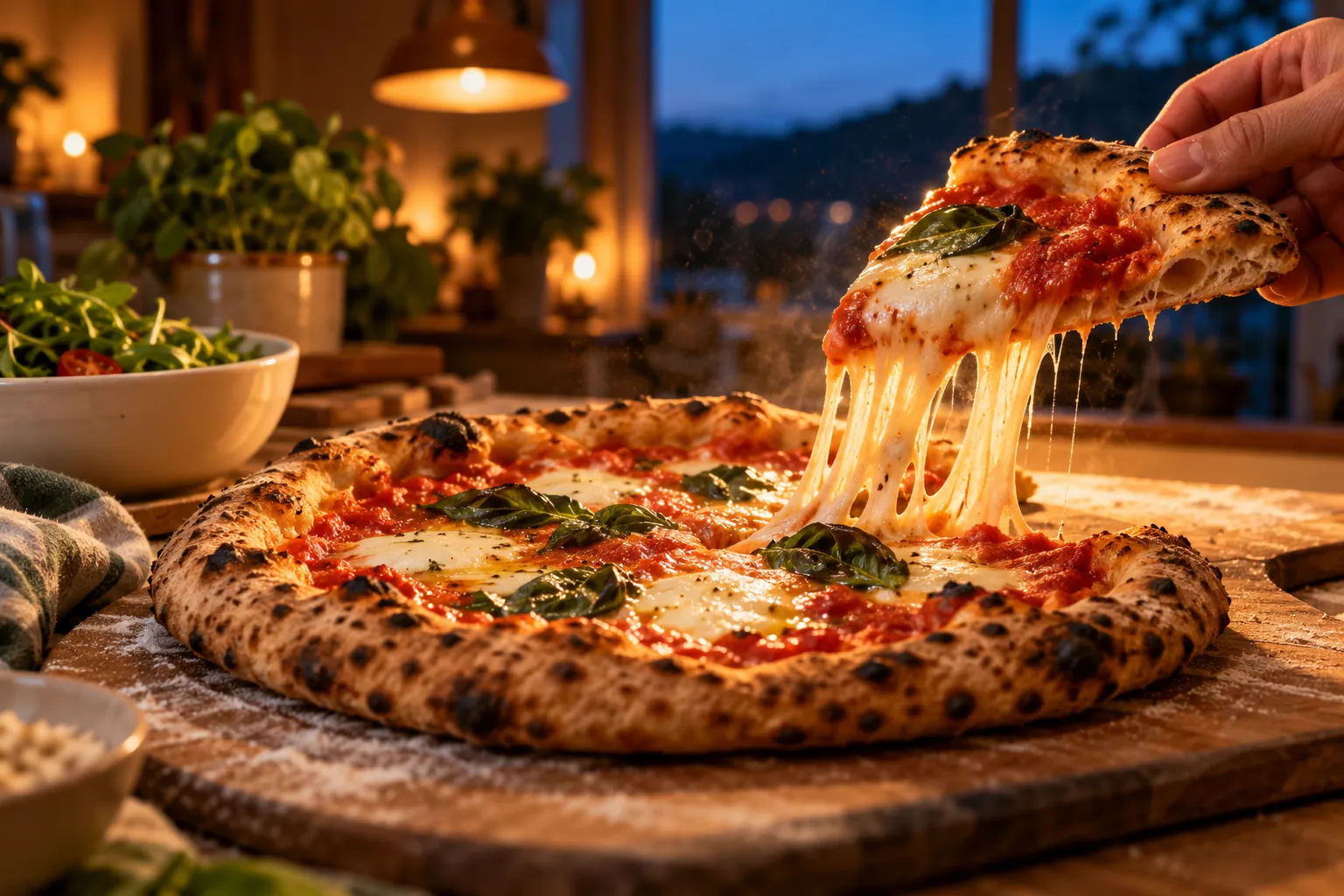 En hand lyfter en bit hemmagjord margheritapizza med mozzarella i långa trådar framför ett köksfönster i skymningen