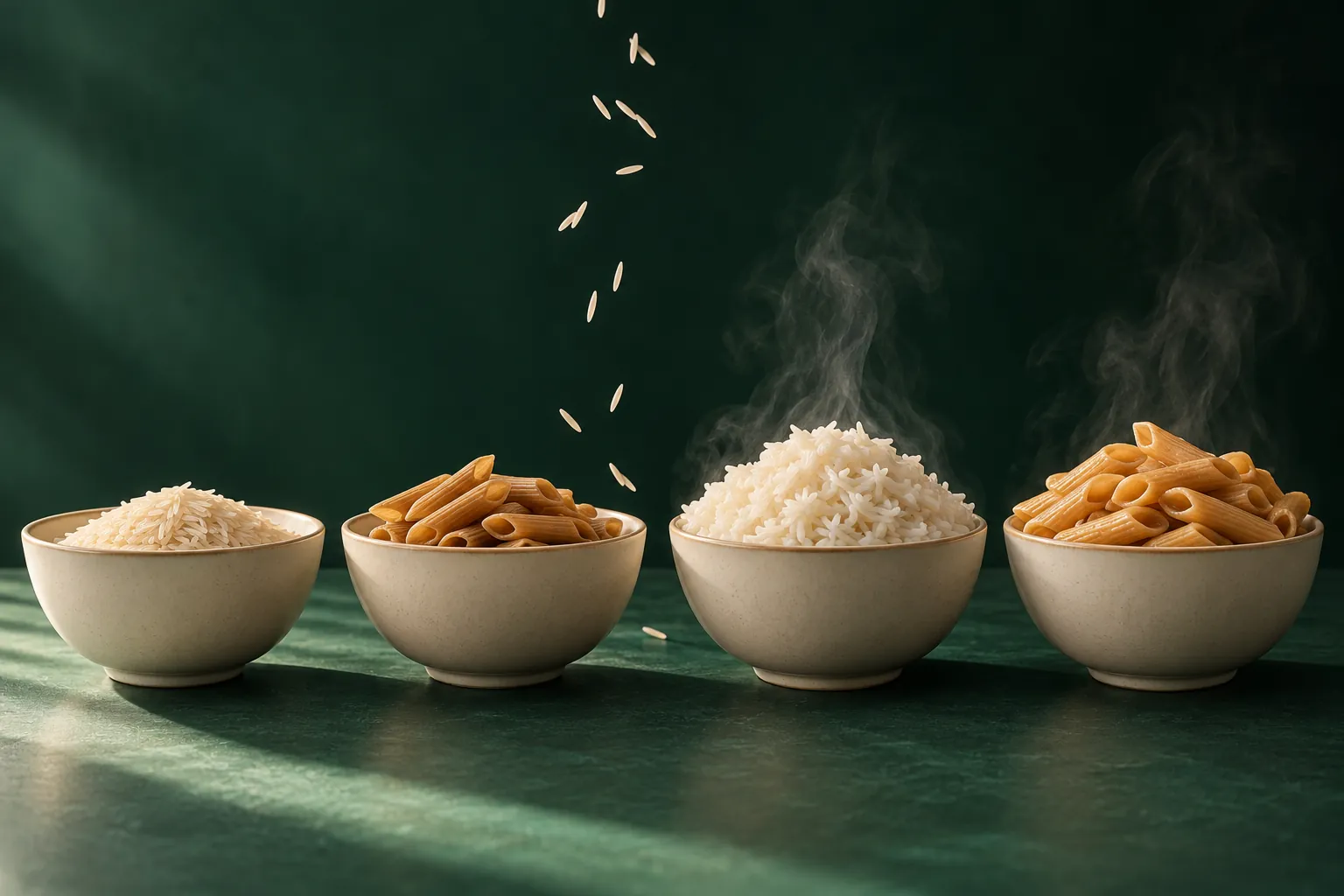 Fyra skålar med torrt ris, torr penne, kokt ris och kokt penne på en grön yta, med ånga över den kokta maten