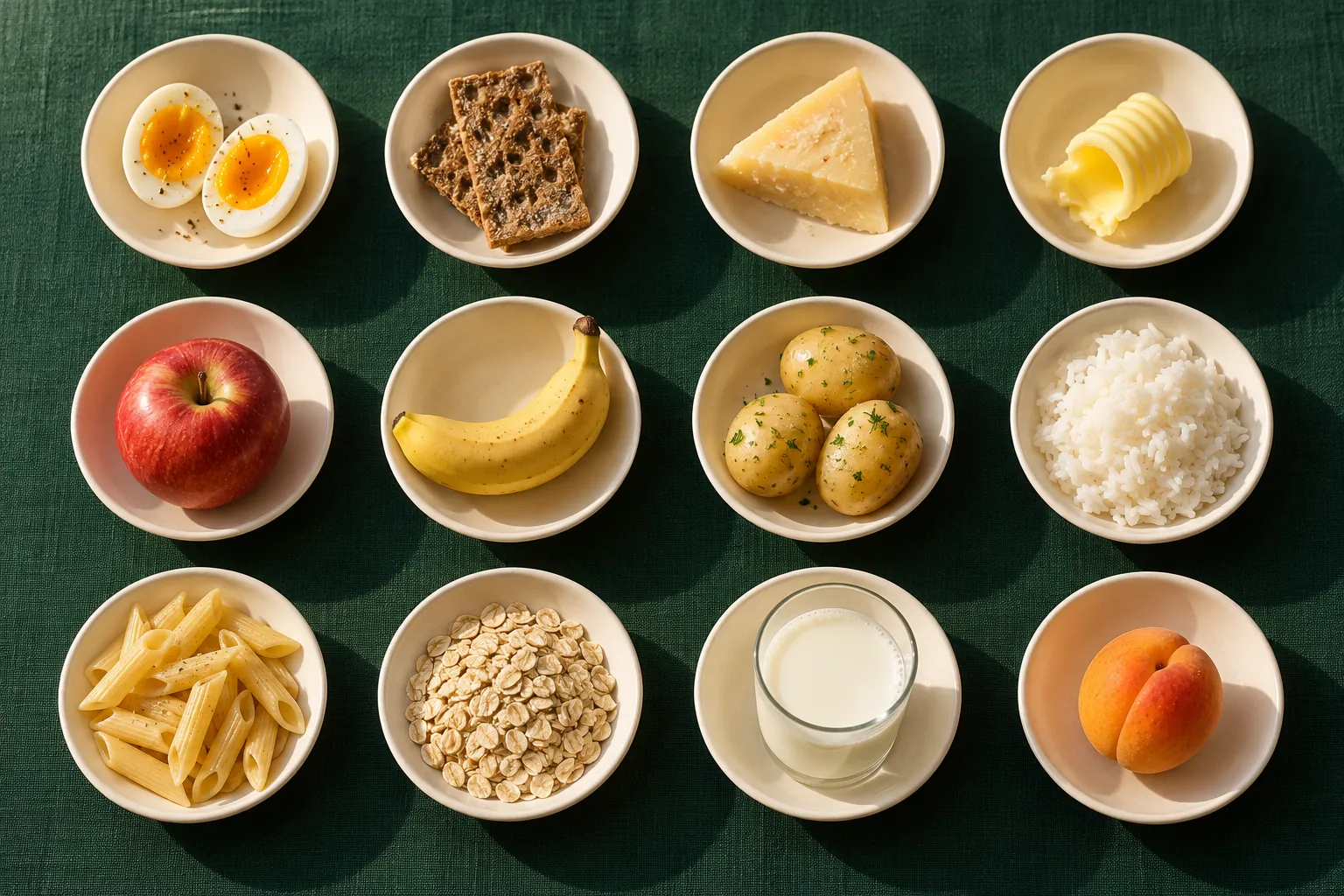 Tolv fat på grönt linne med ägg, knäckebröd, ost, smör, äpple, banan, potatis, ris, pasta, havre och mjölk