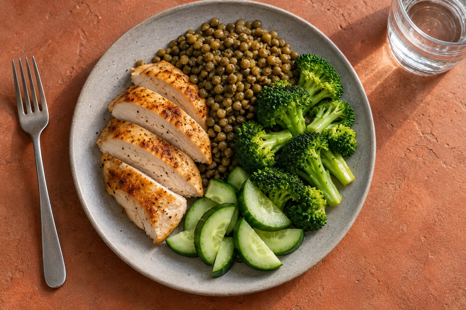 Stekt kyckling med gröna linser, broccoli och gurka på en tallrik