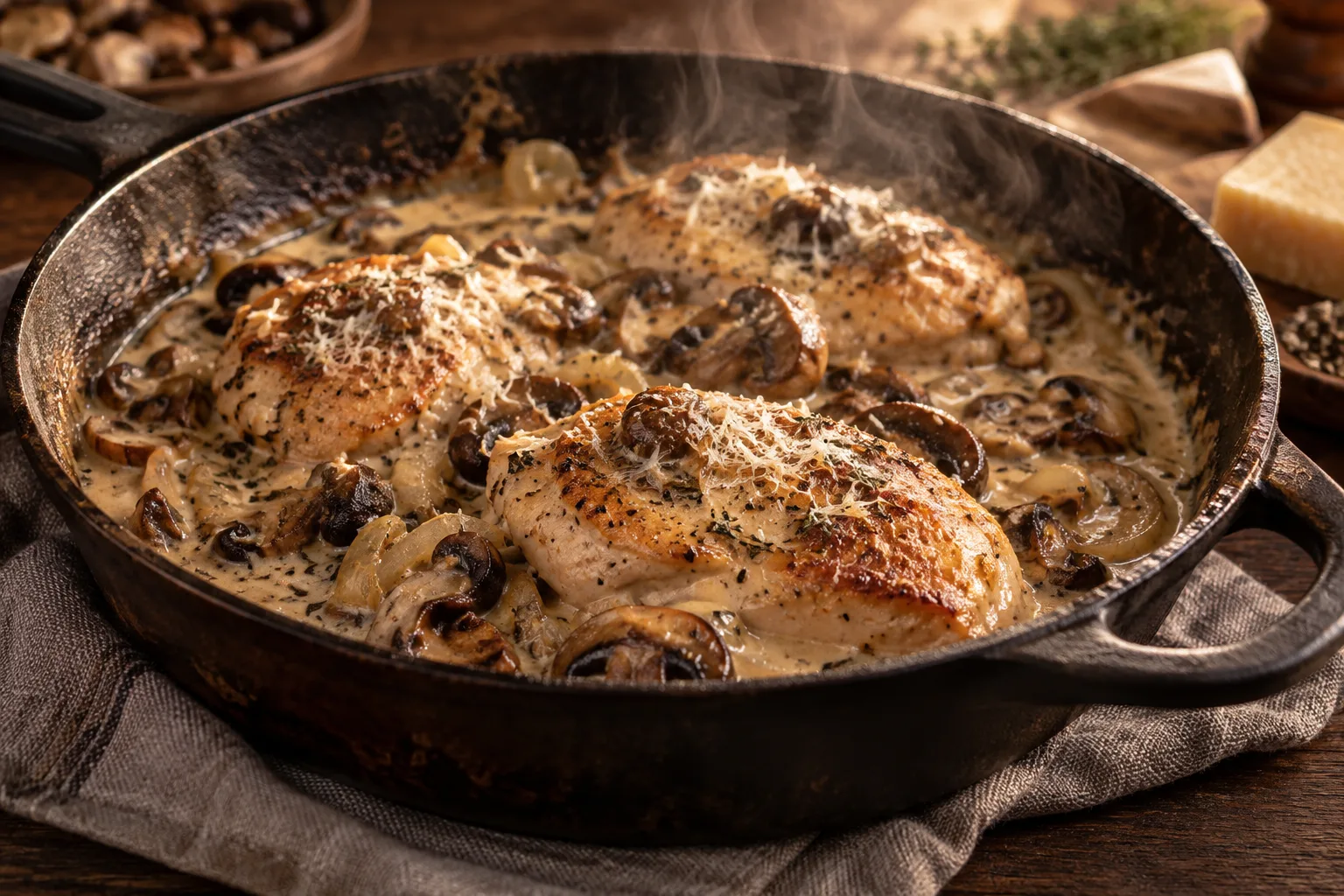 Krämig kycklinggryta med brynt svamp och parmesan i en gjutjärnspanna