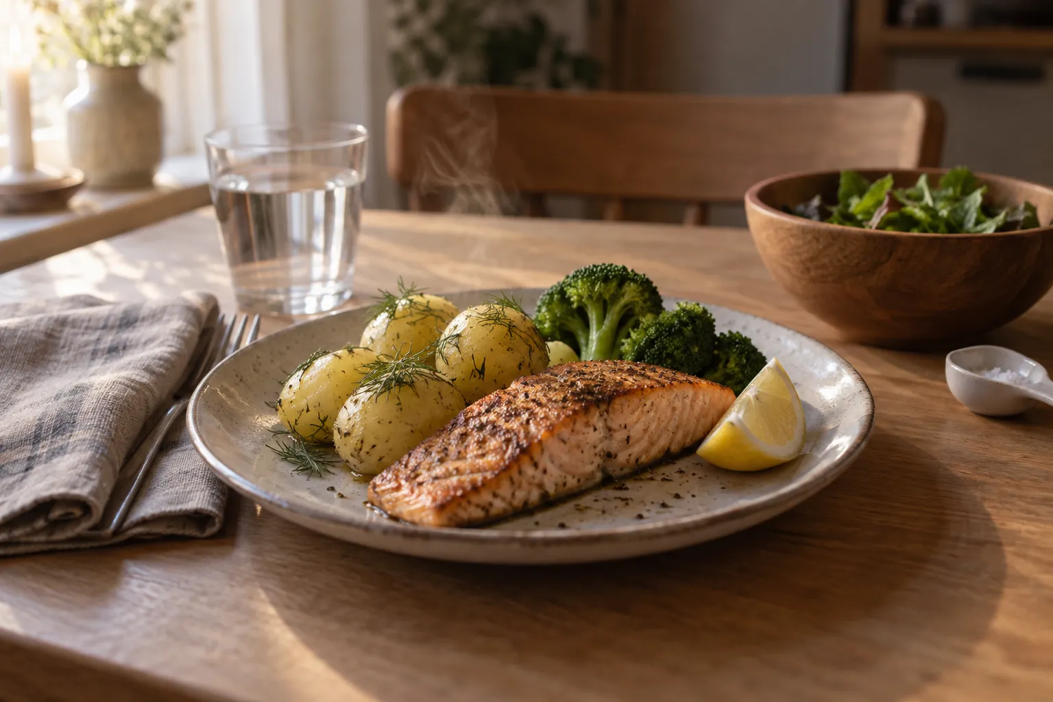 Middag med lax, potatis och broccoli, med en liten skopa vitt pulver i kanten av bordet