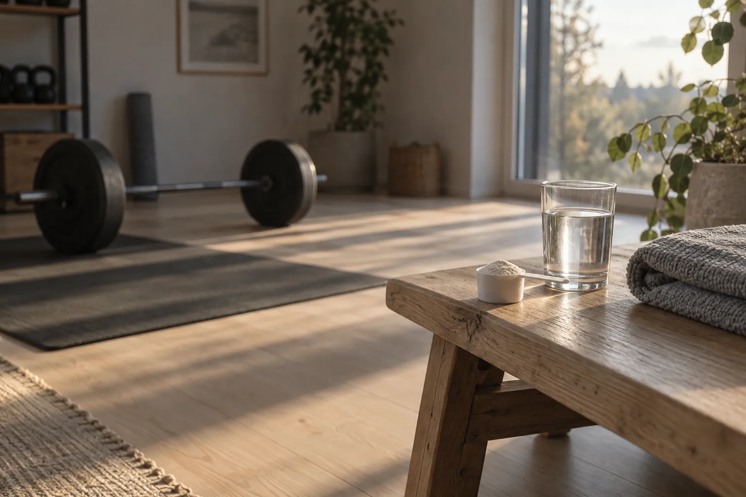 Skopa med vitt pulver och ett glas vatten på en bänk i ett hemmagym i morgonljus