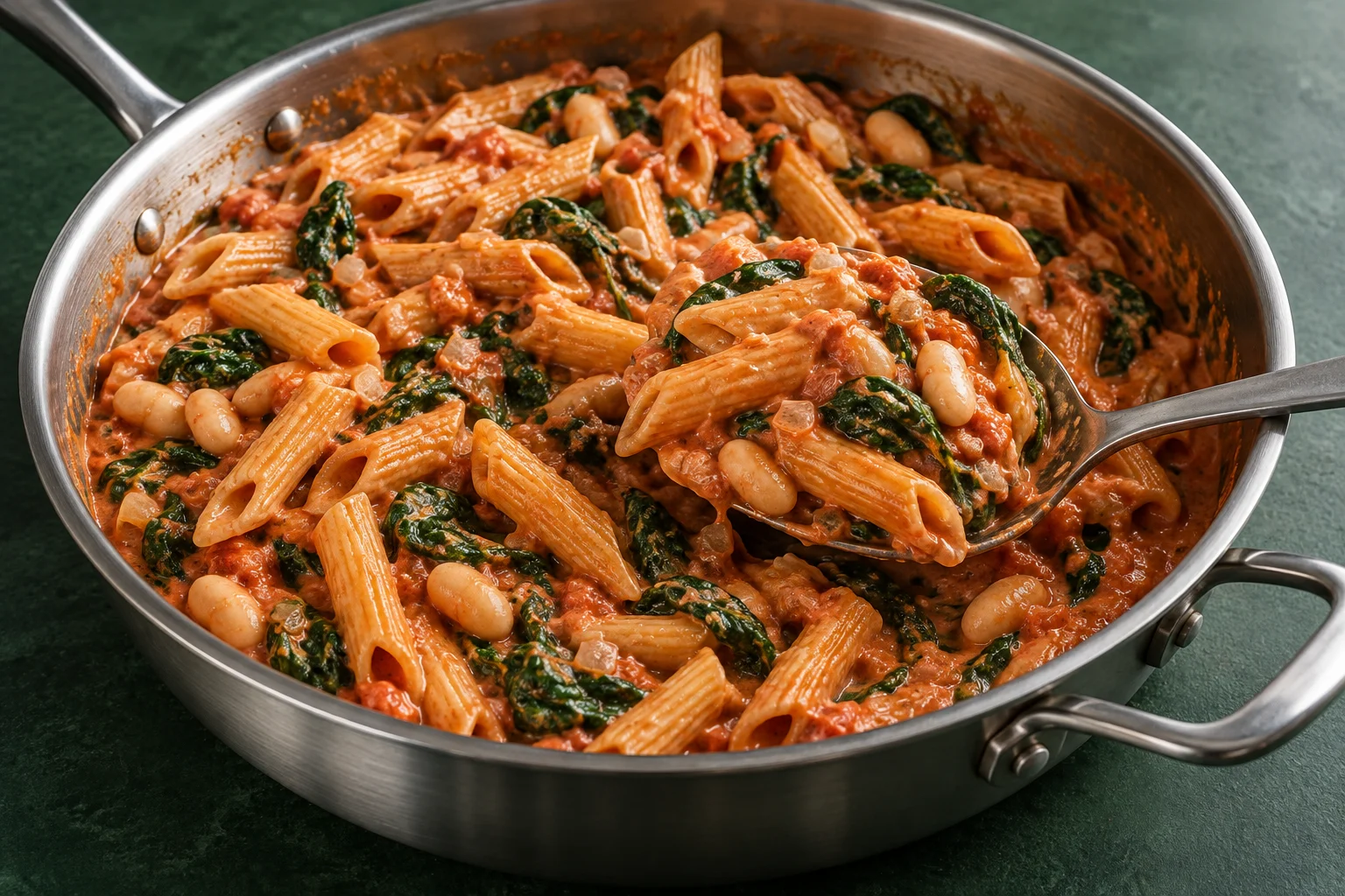 Krämig tomatpasta med spenat och vita bönor i en panna