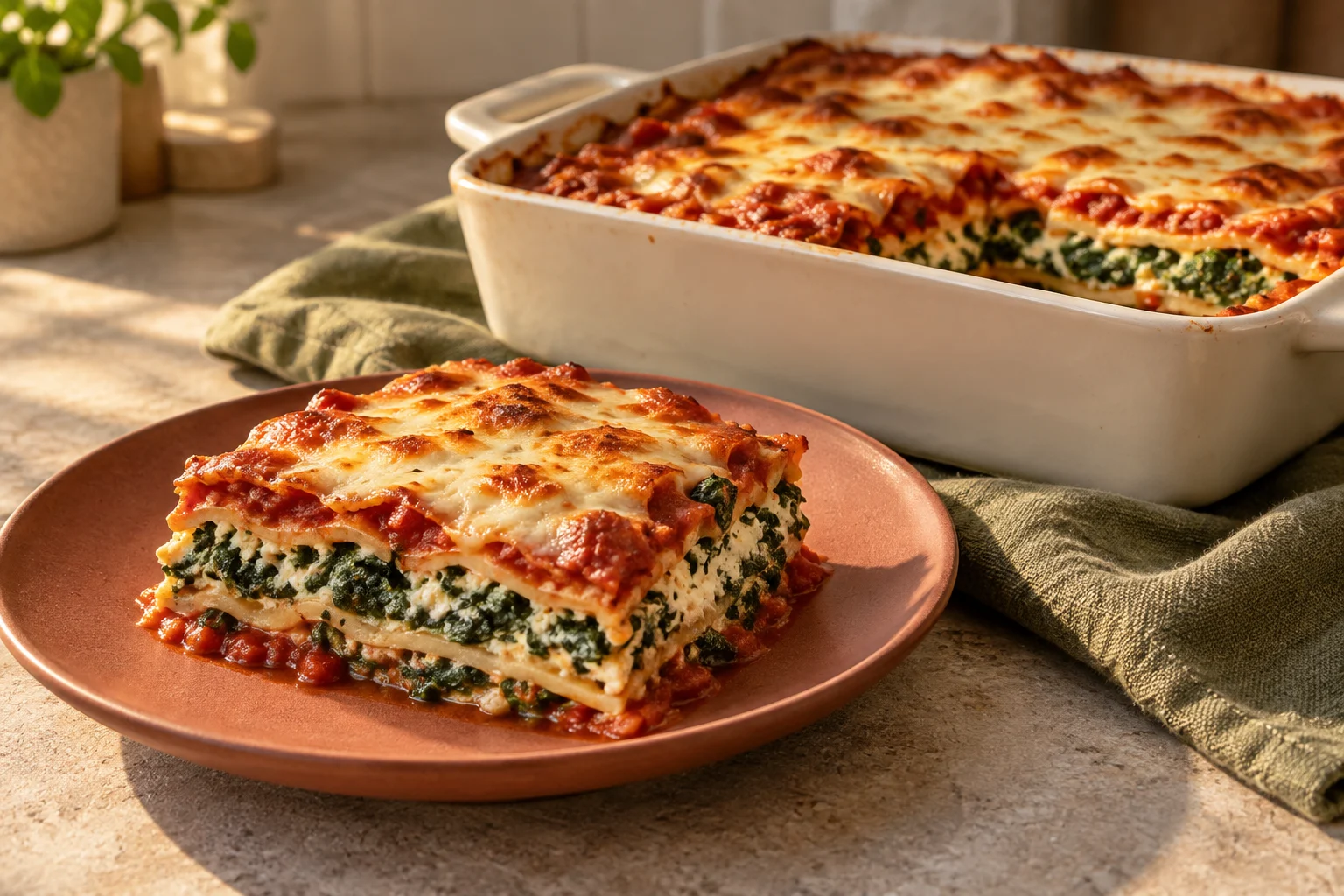 Vegetarisk lasagne med spenat, ricotta och tomat med synliga lager
