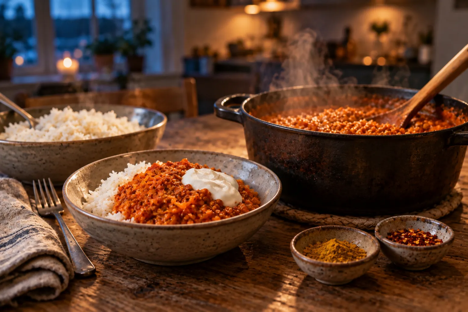Mild röd linsgryta i en gjutjärnsgryta, ris och en serverad skål med yoghurt, curry och chili vid sidan
