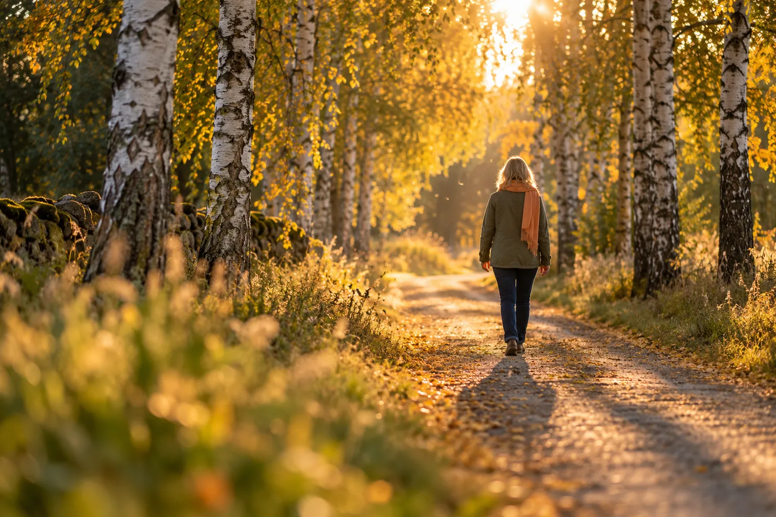 En kvinna sedd bakifrån promenerar på en grusväg genom en björkallé med gula höstlöv i varmt kvällsljus