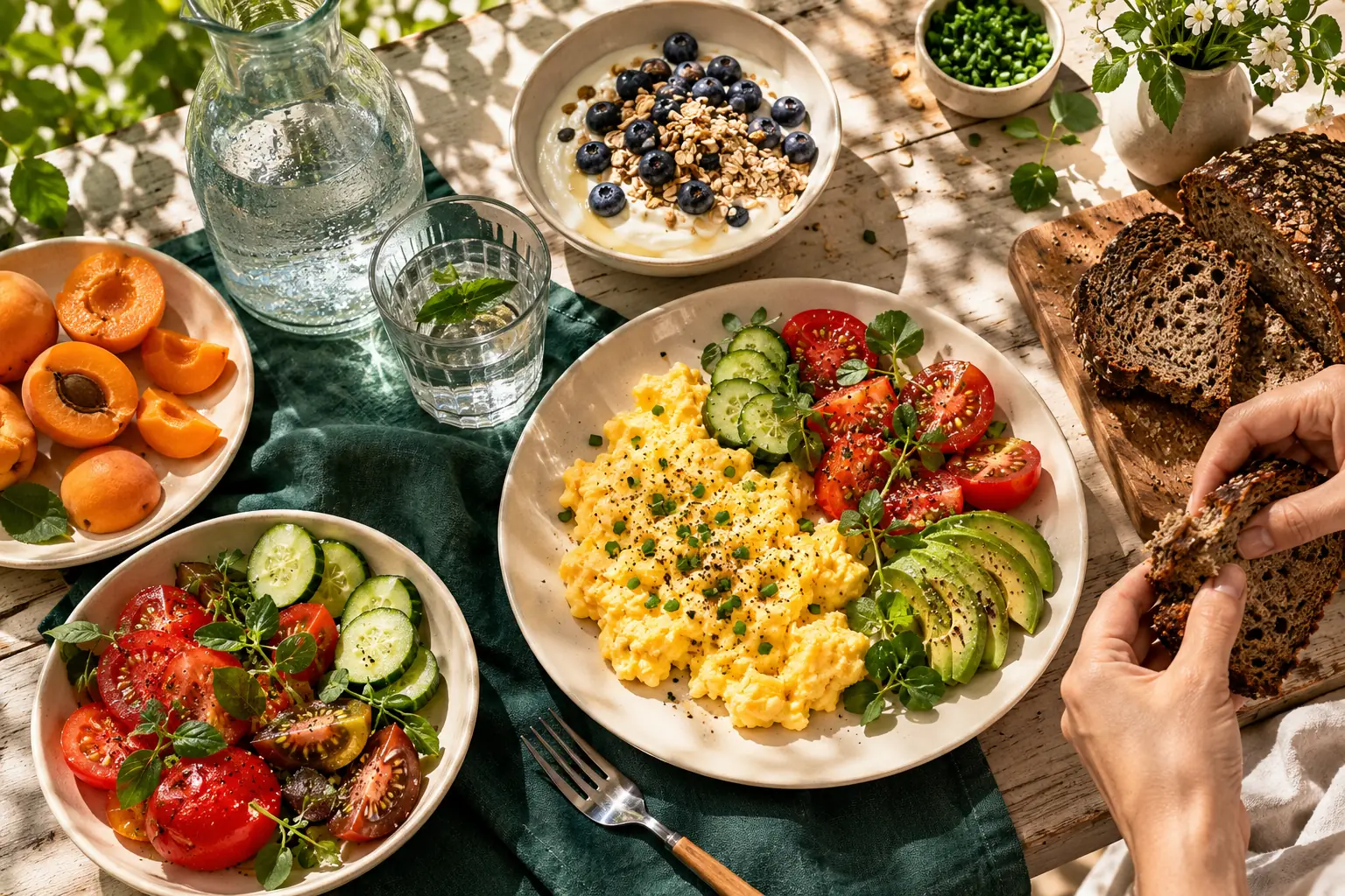 Ett generöst lunchbord med äggröra, rågbröd, avokado, tomat, gurka, yoghurt med blåbär och aprikoser