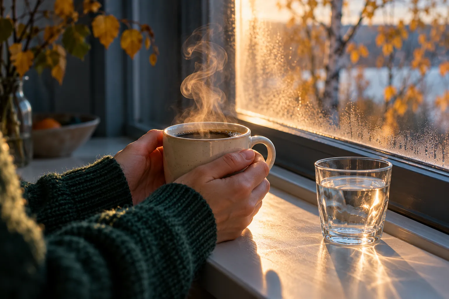 Två händer i grön stickad tröja håller en kopp svart kaffe vid ett immigt fönster, ett vattenglas bredvid