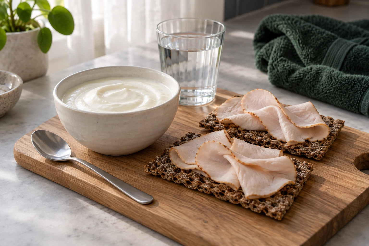 Filmjölk med knäckebröd och skivat kött som ett av artikelns måltidsexempel efter träning