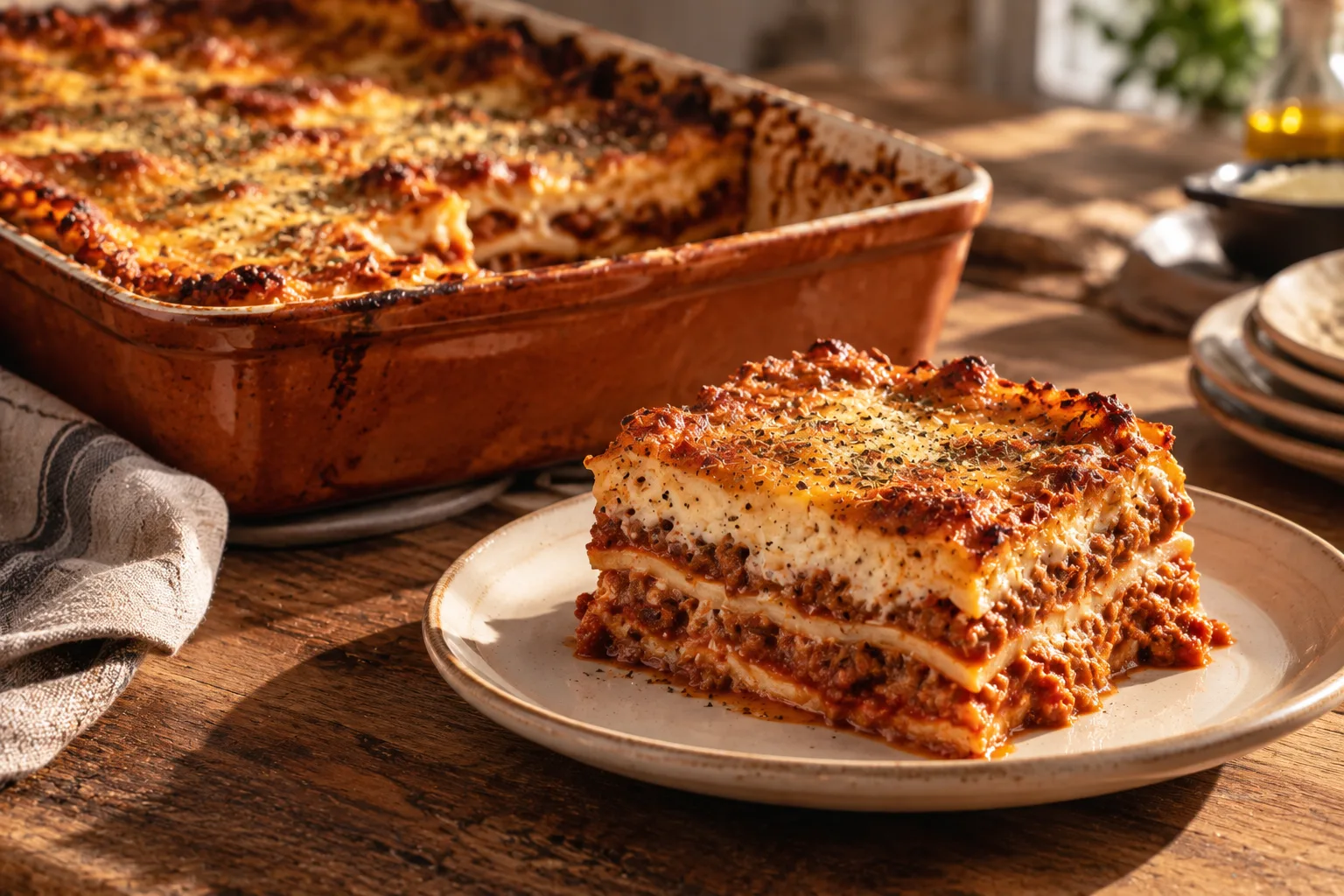 Uppskuret stycke proteinrik lasagne med tydliga lager av köttfärssås och ljus bechamel