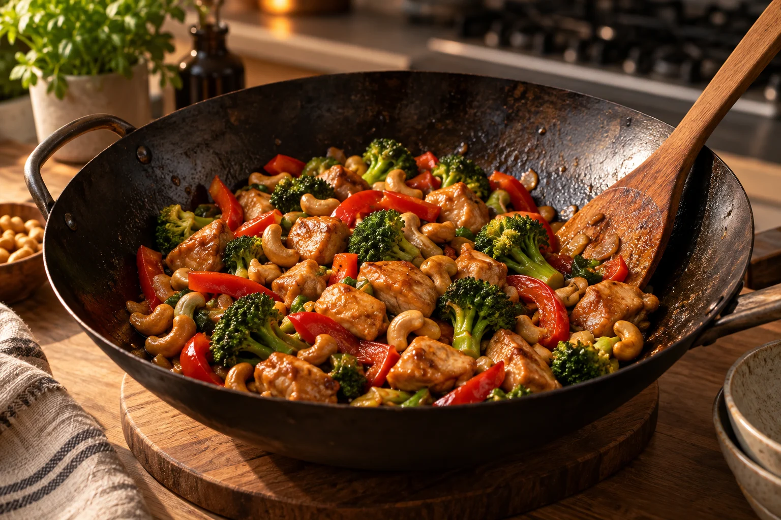 Kycklingwok med cashewnötter i en stekpanna som serveringsidé från middagslistan