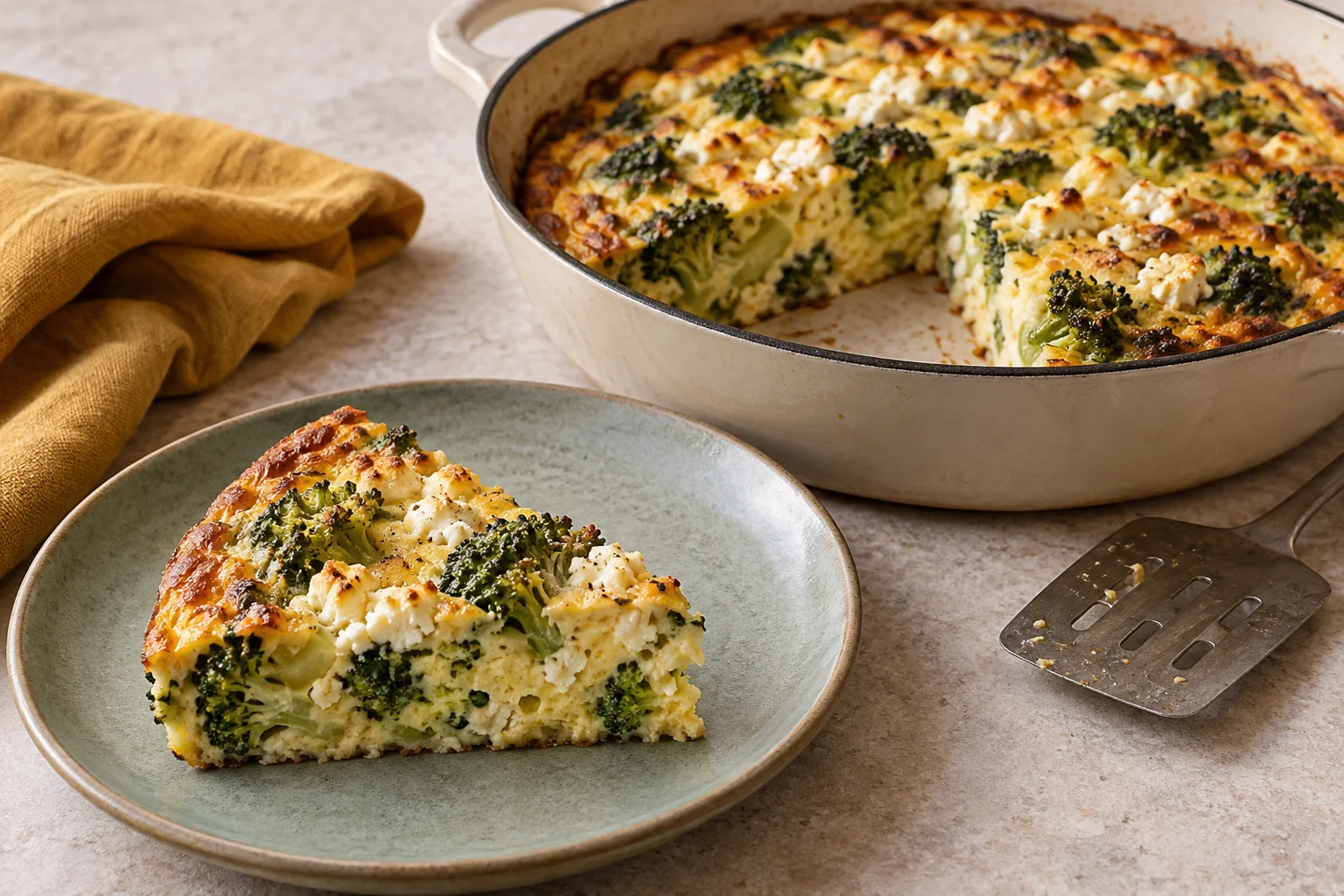 Frittata med fetaost och broccoli med en uppskuren bit på en tallrik