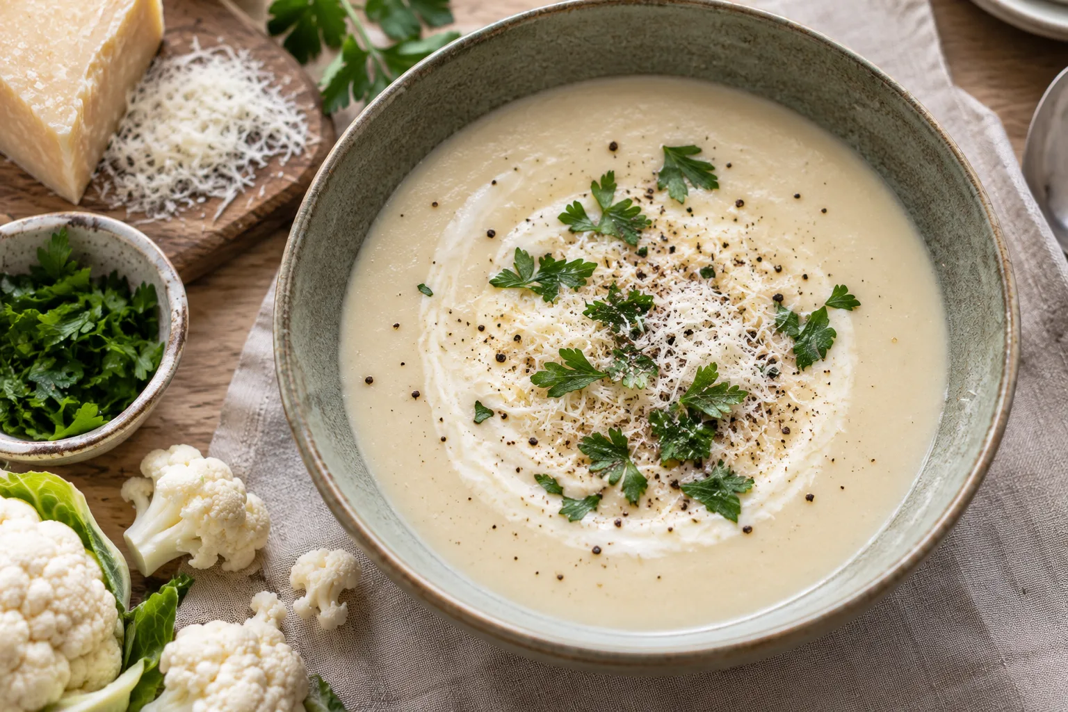 Sammetslen blomkålssoppa med kvargsvirvel, parmesan och persilja i en grön skål