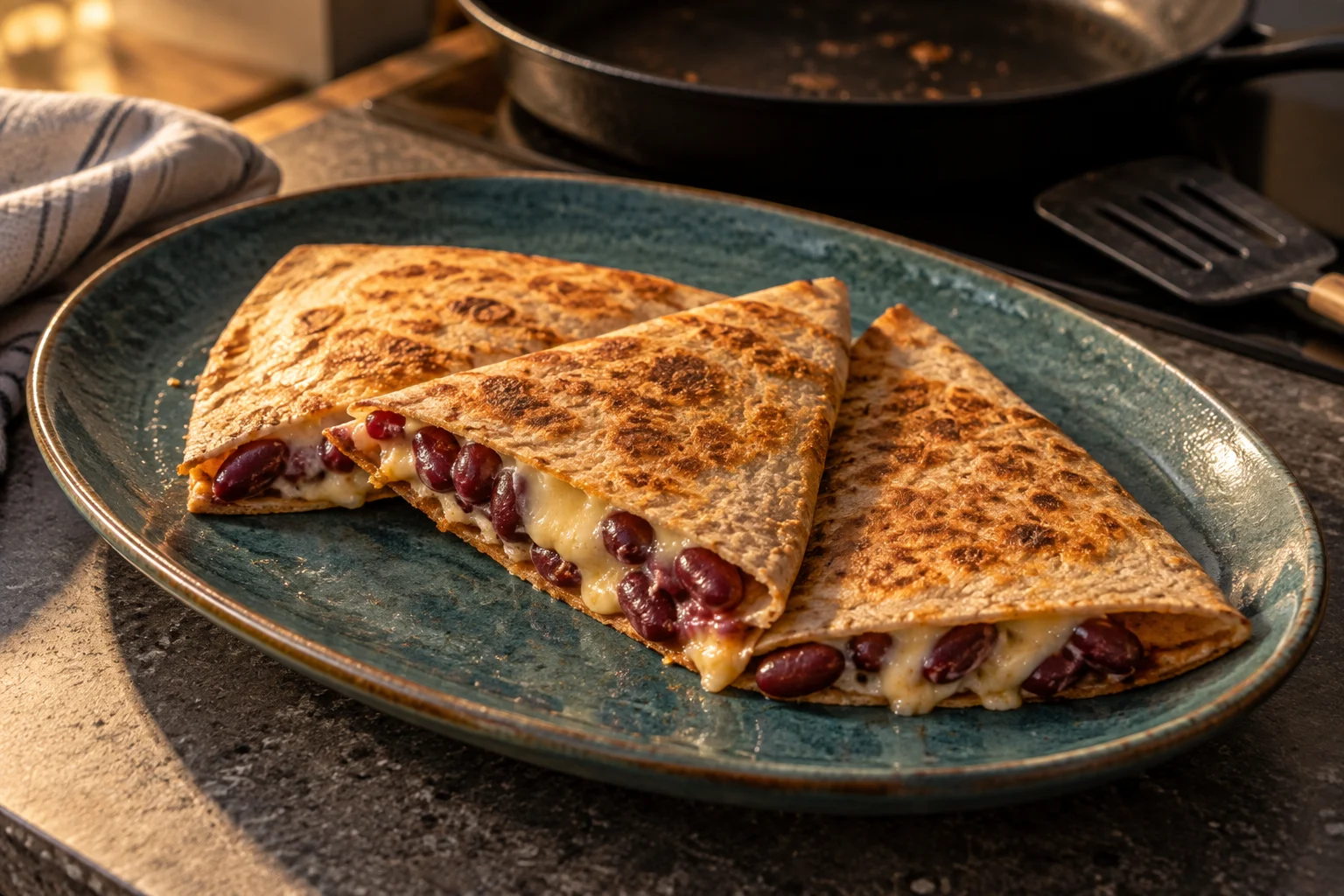 Quesadilla med ost och bönor, skuren i gyllene trianglar från snabbmiddagslistan