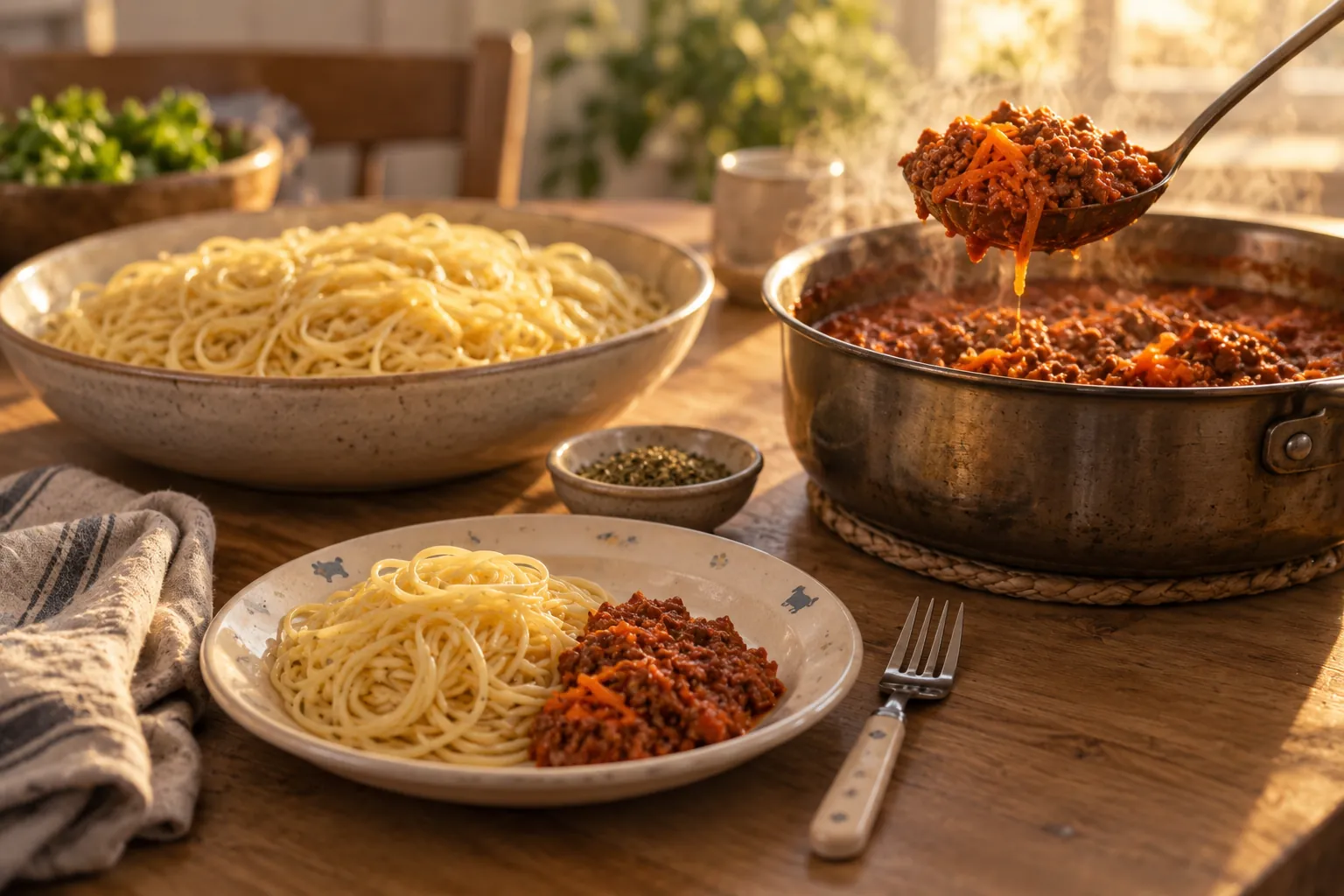 Spaghetti och köttfärssås med rivna morötter i separata kärl, och en barntallrik med såsen bredvid pastan