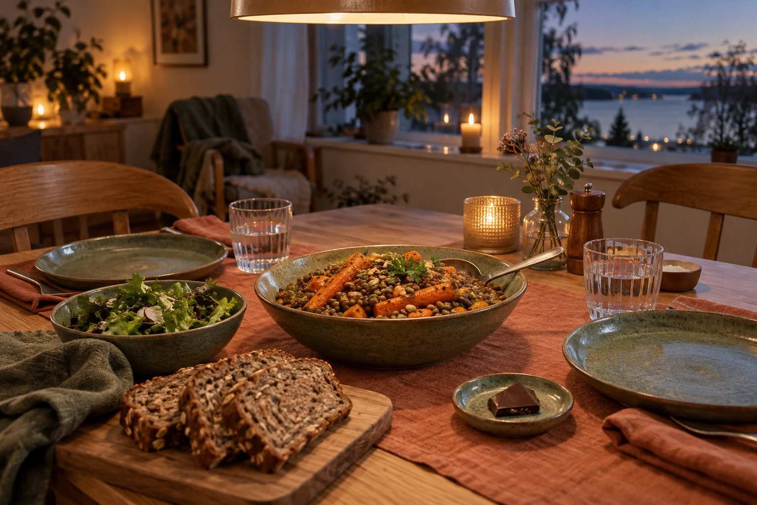 Dukat vardagsbord med gemensam middag, bröd och en liten bit choklad