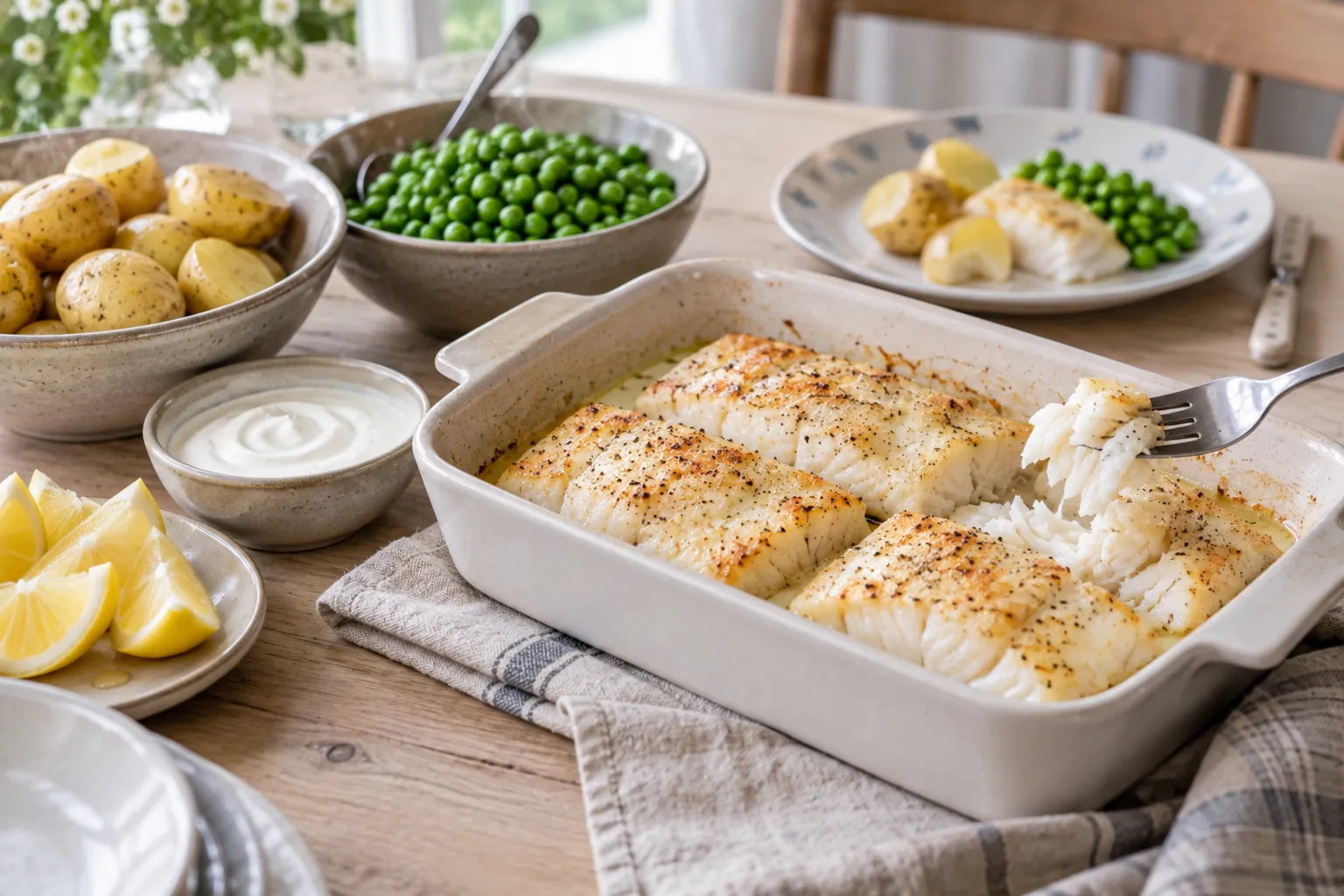 Ugnsbakad vit fisk där en gaffel lyfter en saftig bit, med potatis, ärtor och citronklyftor på eget fat