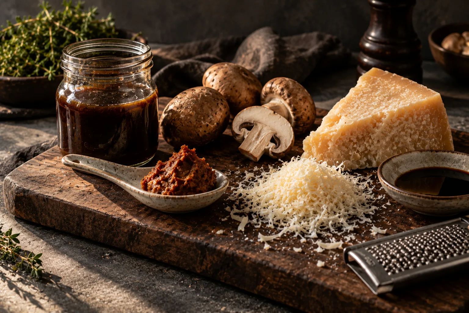 Fond, misopasta, champinjoner och lagrad parmesan uppdukade på en mörk träskiva