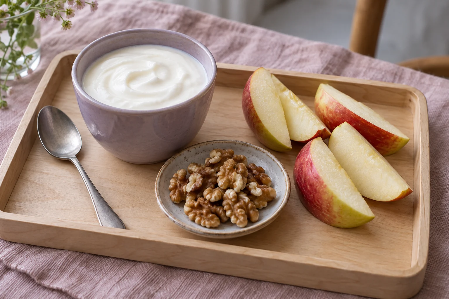 Naturell yoghurt, ett äpple och nötter som exempel på mellanmål i artikelns dagsstruktur