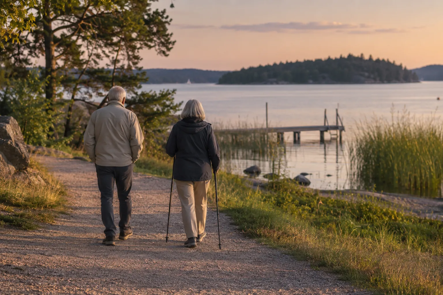 An older couple seen from behind walking a gravel path by the water in soft evening light, one with poles