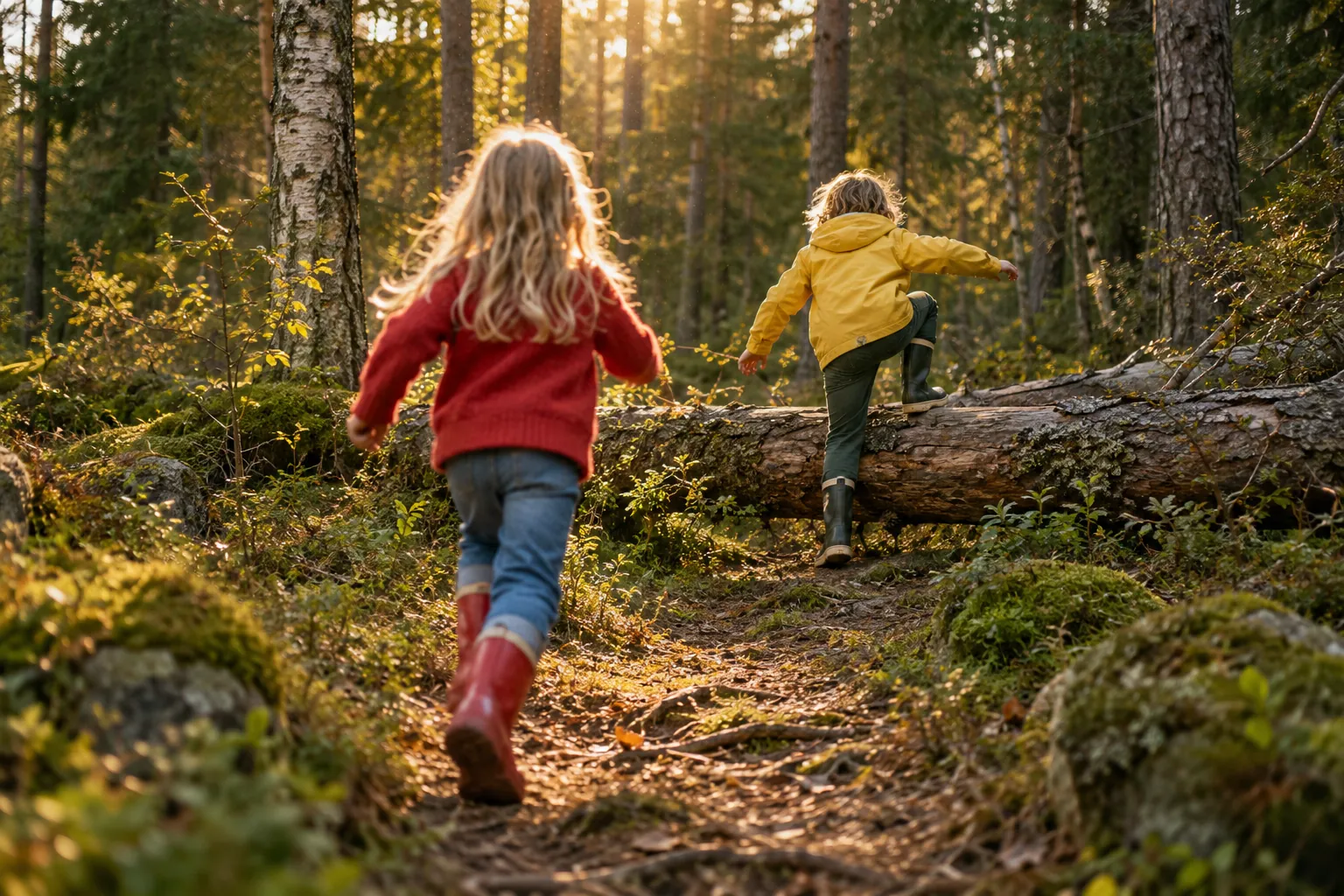 Two children seen from behind on a forest path in warm afternoon light, one climbing onto a fallen tree trunk