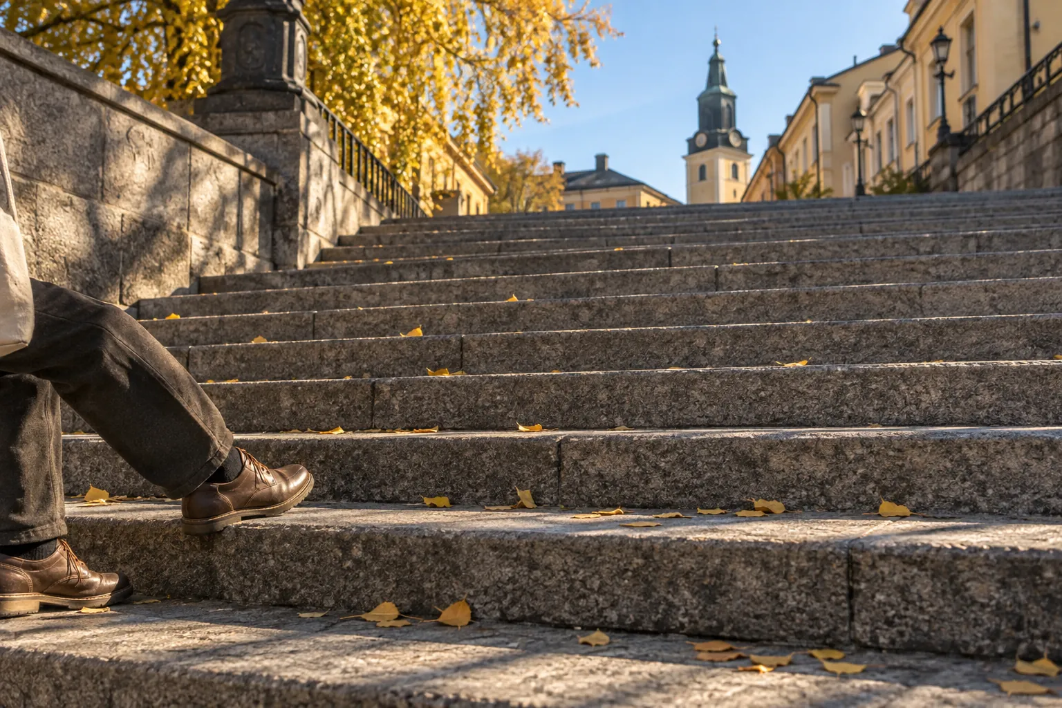 Feet in everyday shoes walking up a stone staircase in low autumn morning light with yellow leaves on the steps